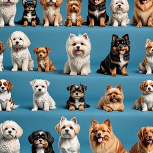 May include: A collection of various dog breeds, including Yorkshire Terriers, Cavalier King Charles Spaniels, Pomeranians, and Shih Tzus, are sitting in rows on a blue background. The dogs are all looking at the camera.