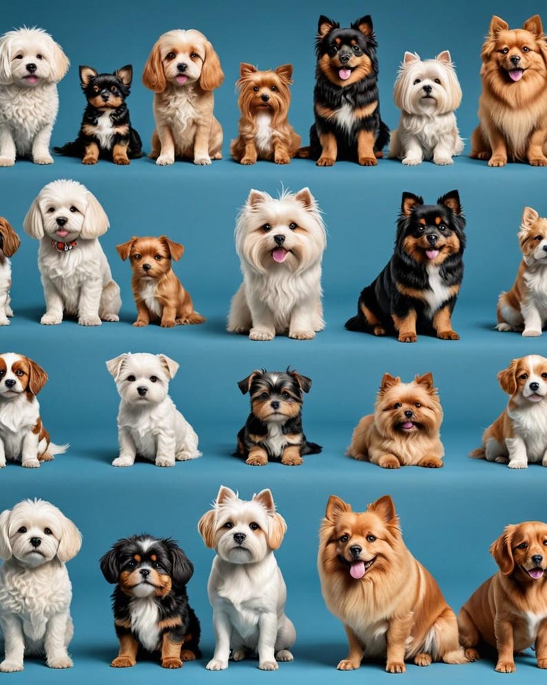 May include: A collection of various dog breeds, including Yorkshire Terriers, Cavalier King Charles Spaniels, Pomeranians, and Shih Tzus, are sitting in rows on a blue background. The dogs are all looking at the camera.