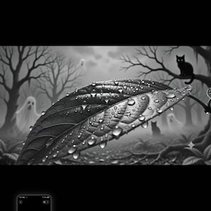 May include: A black and white digital illustration featuring a large, detailed leaf covered in water droplets in the foreground. The background depicts a dark, misty forest scene with bare trees, two translucent ghost figures, and a black cat perched on a branch.