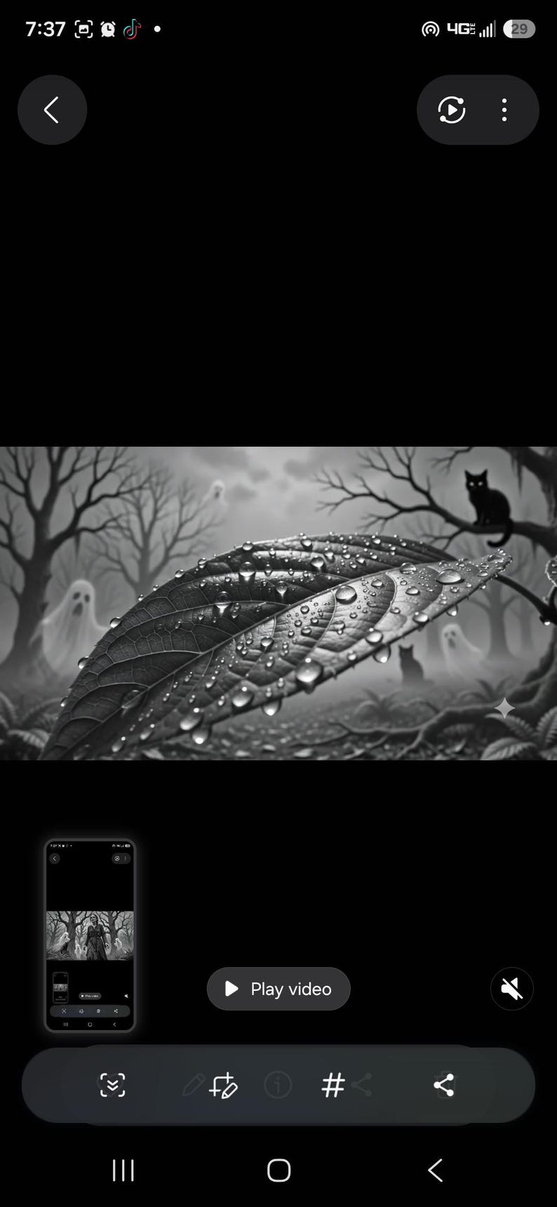 May include: A black and white digital illustration featuring a large, detailed leaf covered in water droplets in the foreground. The background depicts a dark, misty forest scene with bare trees, two translucent ghost figures, and a black cat perched on a branch.