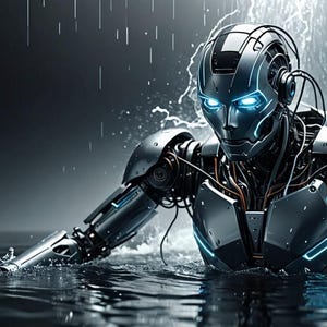 K&ouml;nnte beinhalten: Ein silberner und blauer Roboter mit leuchtend blauen Augen ist in Wasser getaucht. Der Roboter ist teilweise mit ausgestreckten Armen untergetaucht. Der Roboter ist von Wassertropfen umgeben.