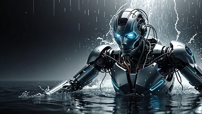 K&ouml;nnte beinhalten: Ein silberner und blauer Roboter mit leuchtend blauen Augen ist in Wasser getaucht. Der Roboter ist teilweise mit ausgestreckten Armen untergetaucht. Der Roboter ist von Wassertropfen umgeben.