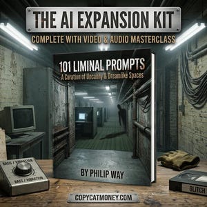 May include: A book titled 101 Liminal Prompts: A Curation of Uncanny & Dreamlike Spaces by Philip Way, displayed with a folder labelled Motion Cues, a bass vibration dial, a small monitor showing an audio waveform, and a VHS tape labelled Glitch Samples.