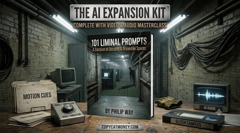 May include: A book titled 101 Liminal Prompts: A Curation of Uncanny & Dreamlike Spaces by Philip Way, displayed with a folder labelled Motion Cues, a bass vibration dial, a small monitor showing an audio waveform, and a VHS tape labelled Glitch Samples.