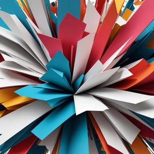 May include: Abstract background with a burst of colorful, geometric shapes in shades of blue, orange, red, and white.