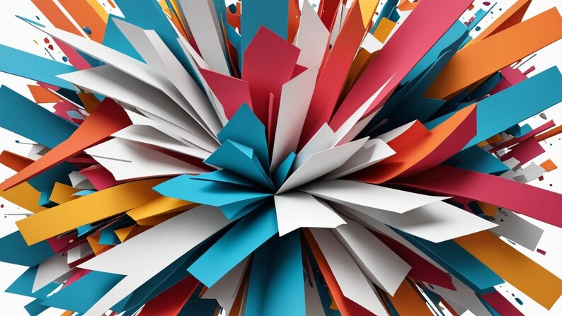 May include: Abstract background with a burst of colorful, geometric shapes in shades of blue, orange, red, and white.