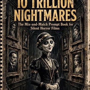 May include: A book cover titled CREEPY3D PRESENTS 10 TRILLION NIGHTMARES The Mix-and-Match Prompt Book for Silent Horror Films. The cover features a central figure in a dark dress and hat, surrounded by framed portraits on walls in a hallway.