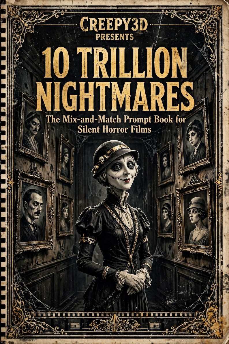 May include: A book cover titled CREEPY3D PRESENTS 10 TRILLION NIGHTMARES The Mix-and-Match Prompt Book for Silent Horror Films. The cover features a central figure in a dark dress and hat, surrounded by framed portraits on walls in a hallway.