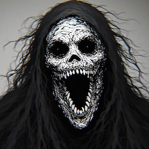 May include: A monochrome illustration of a skull-like face with an open mouth and sharp teeth. The figure is framed by long, flowing black hair, creating a spooky image. The artwork has a detailed, textured appearance.