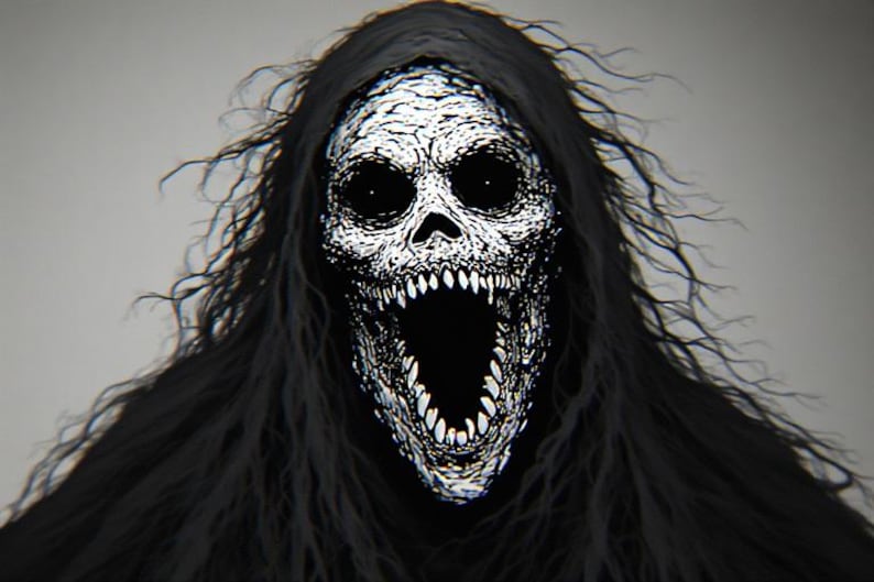 May include: A monochrome illustration of a skull-like face with an open mouth and sharp teeth. The figure is framed by long, flowing black hair, creating a spooky image. The artwork has a detailed, textured appearance.