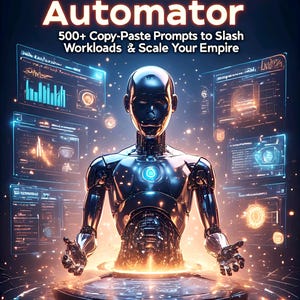 Puede incluir: Ilustración digital de una figura de robot metálico con acentos azules y naranjas brillantes. El texto "AI Business Automator" se muestra en letras grandes y en negrita, junto con el lema "500+ Copy-Paste Prompts to Slash Workloads & Scale Your Empire."