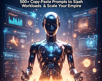May include: A digital illustration of a metallic robot figure with glowing blue and orange accents. The text "AI Business Automator" is displayed in large, bold letters, along with the tagline "500+ Copy-Paste Prompts to Slash Workloads & Scale Your Empire."