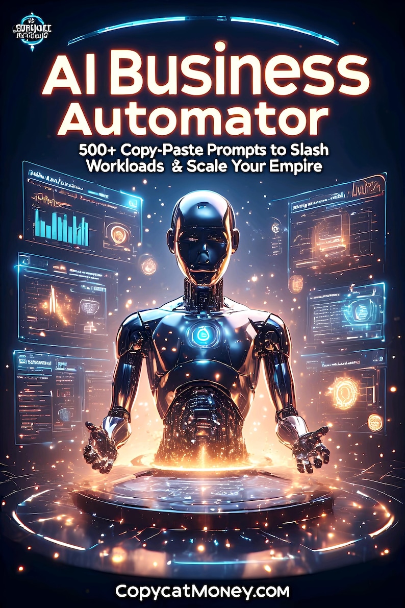 Puede incluir: Ilustraci&oacute;n digital de una figura de robot met&aacute;lico con acentos azules y naranjas brillantes. El texto "AI Business Automator" se muestra en letras grandes y en negrita, junto con el lema "500+ Copy-Paste Prompts to Slash Workloads & Scale Your Empire."