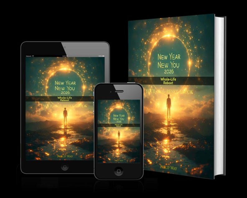 Może przedstawiać: Książka, tablet i smartfon wyświetlają okładkę poradnika zatytułowanego "New Year New You 2026: Whole-Life Reboot". Okładka przedstawia osobę na ścieżce prowadzącej do jasnego, złotego światła.