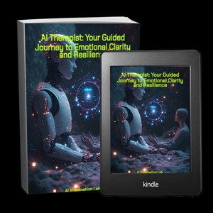 May include: A book and a Kindle e-reader are displayed against a black background. The book and e-reader both feature the title "AI Therapist: Your Guided Journey to Emotional Clarity and Resilience" with an illustration of a robot and a person.