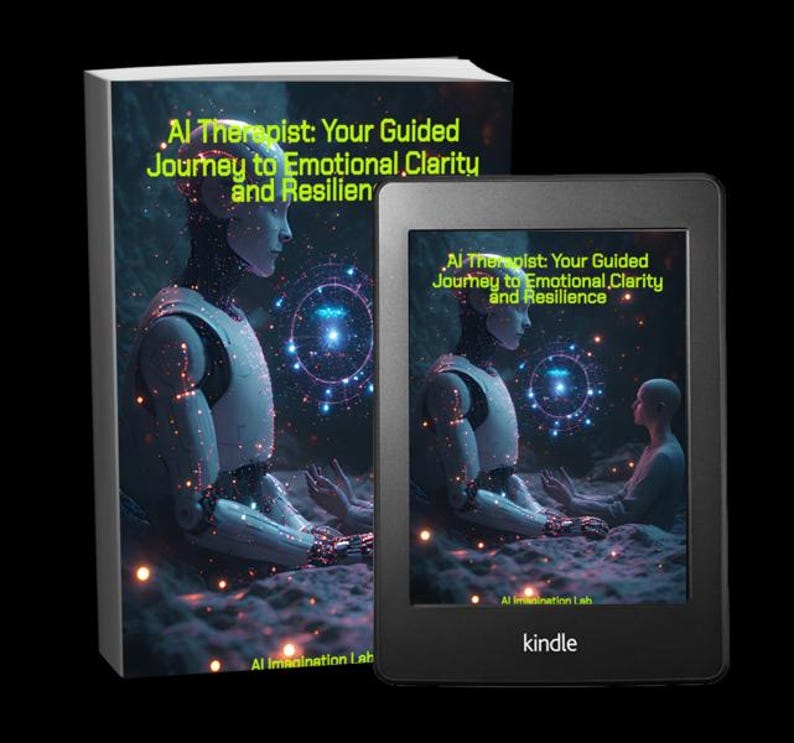 May include: A book and a Kindle e-reader are displayed against a black background. The book and e-reader both feature the title "AI Therapist: Your Guided Journey to Emotional Clarity and Resilience" with an illustration of a robot and a person.