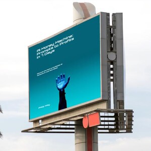 May include: A large billboard with the text "AI Money Machine: Prompts to Profits in 7 Days" against a teal background. The image features a stylized blue hand reaching upwards. The billboard is mounted on a metal structure.