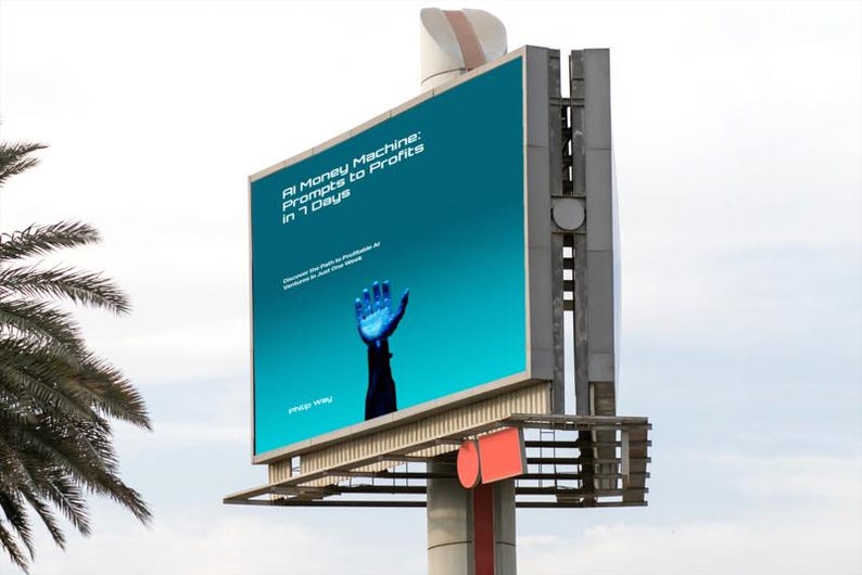 May include: A large billboard with the text "AI Money Machine: Prompts to Profits in 7 Days" against a teal background. The image features a stylized blue hand reaching upwards. The billboard is mounted on a metal structure.