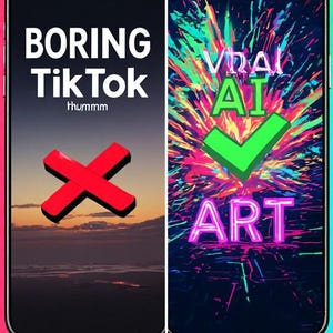 May include: A smartphone screen displays "BORING TikTok" with a red X, contrasted by "VIRAL AI ART" with a green checkmark. The image promotes 40 ready prompts for AI art generation.