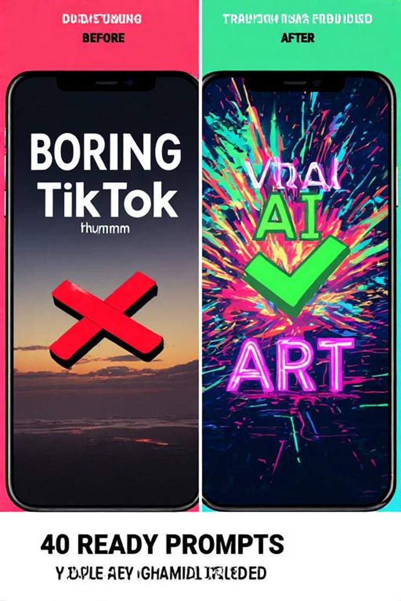 May include: A smartphone screen displays "BORING TikTok" with a red X, contrasted by "VIRAL AI ART" with a green checkmark. The image promotes 40 ready prompts for AI art generation.
