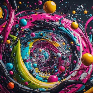 Pu&ograve; includere: Arte digitale astratta con un vortice vorticoso di colori vivaci. L'opera presenta una composizione dinamica con vernice rosa, gialla, blu e nera fluente, accentuata da sfere fluttuanti di varie dimensioni e tonalit&agrave;.