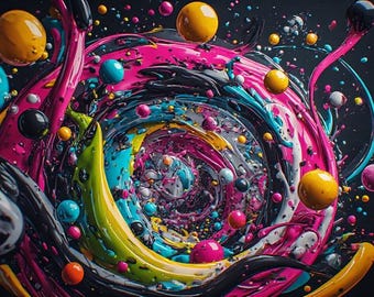 May include: Abstract digital art featuring a swirling vortex of vibrant colors. The artwork showcases a dynamic composition with flowing pink, yellow, blue, and black paint, accented by floating spheres of various sizes and hues.