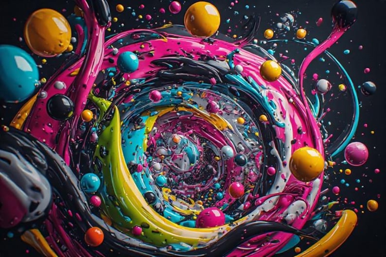 Pu&ograve; includere: Arte digitale astratta con un vortice vorticoso di colori vivaci. L'opera presenta una composizione dinamica con vernice rosa, gialla, blu e nera fluente, accentuata da sfere fluttuanti di varie dimensioni e tonalit&agrave;.