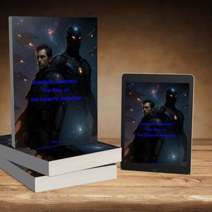 May include: A stack of books and a tablet displaying the cover art for "Quantum Shadows: The Rise of the Galactic Rebellion." The cover features two figures against a space-themed background. The book's title is in blue.