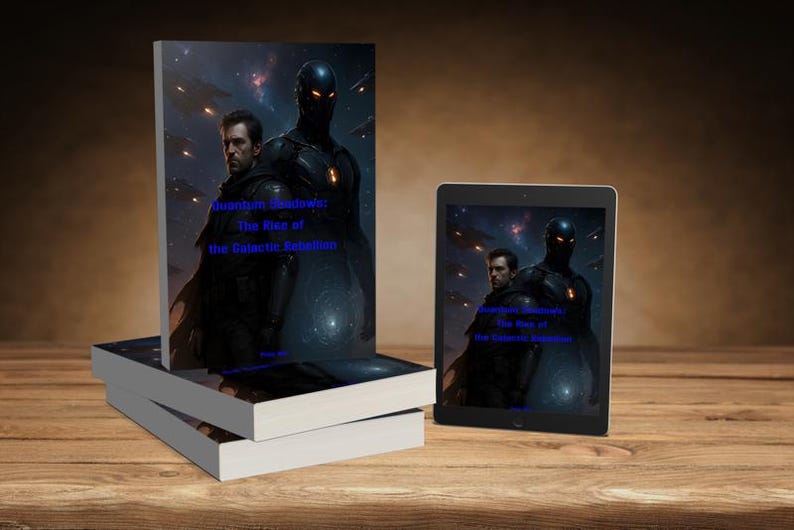 May include: A stack of books and a tablet displaying the cover art for "Quantum Shadows: The Rise of the Galactic Rebellion." The cover features two figures against a space-themed background. The book's title is in blue.