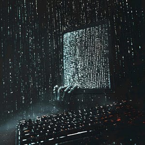 May include: A dark, artistic image depicting a computer monitor with binary code cascading down like rain. A pair of hands emerges from the screen, reaching out towards a keyboard in the foreground. The scene is set in a dark, atmospheric environment.