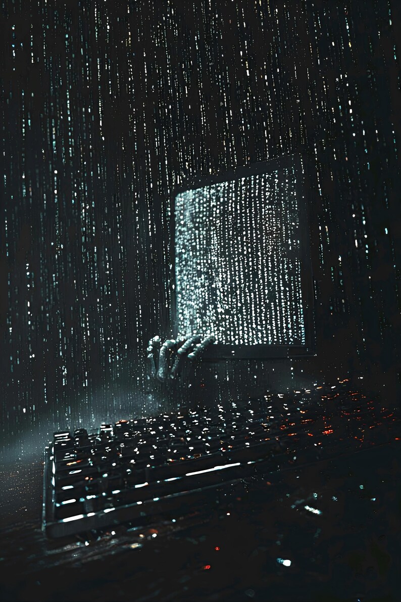 May include: A dark, artistic image depicting a computer monitor with binary code cascading down like rain. A pair of hands emerges from the screen, reaching out towards a keyboard in the foreground. The scene is set in a dark, atmospheric environment.