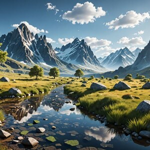 May include: A scenic mountain valley with a winding stream flowing through a grassy meadow. The mountains are snow-capped and the sky is blue with white clouds.