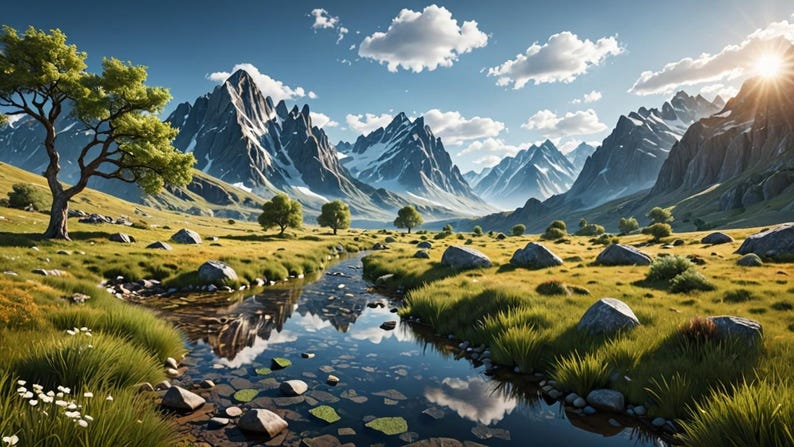 May include: A scenic mountain valley with a winding stream flowing through a grassy meadow. The mountains are snow-capped and the sky is blue with white clouds.