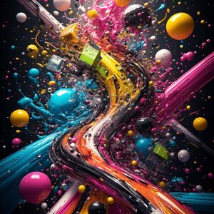 Pu&ograve; includere: Opera d'arte digitale astratta con uno sfondo scuro, caratterizzata da vivaci spruzzi di colore. L'immagine include sfere, cubi e linee fluide in tonalit&agrave; di rosa, giallo, blu e nero, creando una composizione dinamica ed energica.