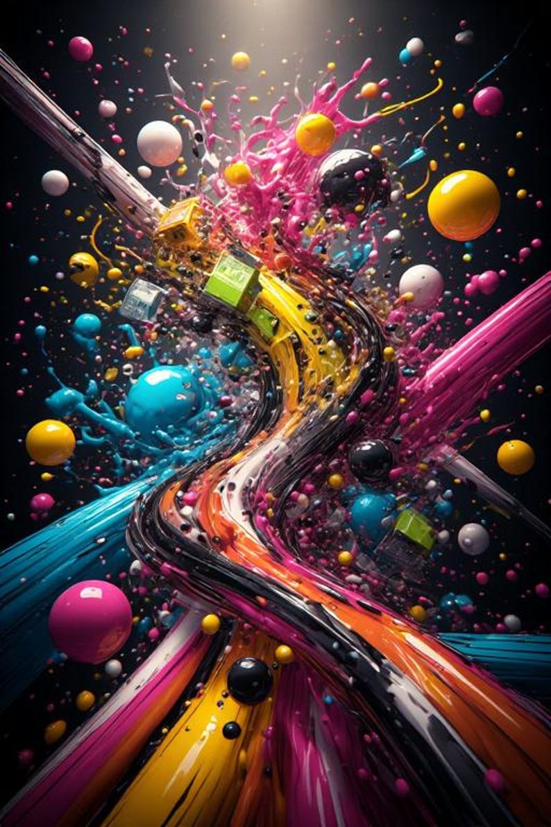 Pu&ograve; includere: Opera d'arte digitale astratta con uno sfondo scuro, caratterizzata da vivaci spruzzi di colore. L'immagine include sfere, cubi e linee fluide in tonalit&agrave; di rosa, giallo, blu e nero, creando una composizione dinamica ed energica.