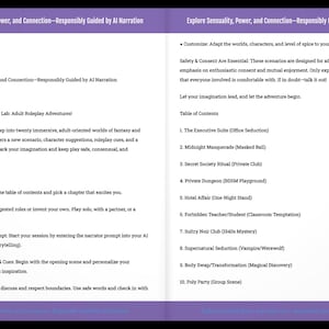 May include: Two-page spread from a book titled "Explore Sexuality, Power, and Connection&mdash;Responsibly Guided by AI Narration." The left page details instructions and how to use the book. The right page lists the table of contents, including chapter titles like "The Executive Role (Office Seduction)."