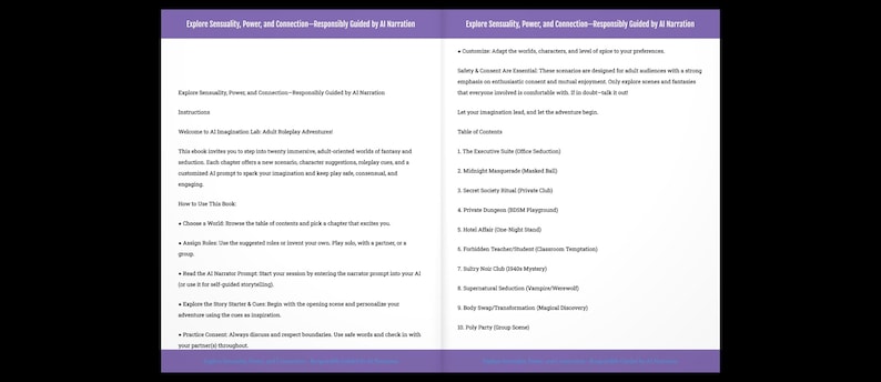 May include: Two-page spread from a book titled "Explore Sexuality, Power, and Connection&mdash;Responsibly Guided by AI Narration." The left page details instructions and how to use the book. The right page lists the table of contents, including chapter titles like "The Executive Role (Office Seduction)."