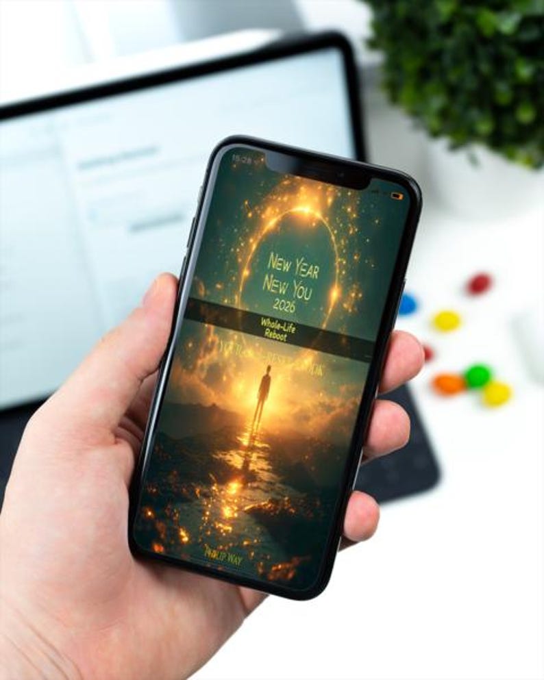 Może przedstawiać: Czarny smartfon wyświetla motywacyjny obraz z tekstem "New Year New You 2026" i "Whole-Life Reboot". Ekran pokazuje osobę na ścieżce do jasnego światła, z złotym, świecącym tłem. Telefon jest trzymany w dłoni.
