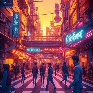May include: A digital illustration of a futuristic cityscape at sunset. People cross a crosswalk in a neon-lit street. Buildings and signs are illuminated with pink, orange, and blue lights. The overall theme is cyberpunk.