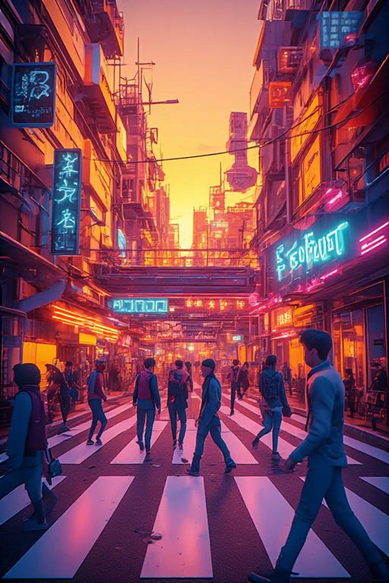May include: A digital illustration of a futuristic cityscape at sunset. People cross a crosswalk in a neon-lit street. Buildings and signs are illuminated with pink, orange, and blue lights. The overall theme is cyberpunk.