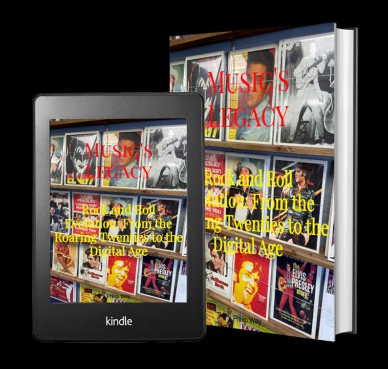 K&ouml;nnte beinhalten: Ein schwarzer Kindle-E-Reader zeigt das Cover eines Buches mit dem Titel "Rock and Roll Evolution From the Roaring Twenties to the Digital Age". Das Buchcover zeigt Bilder von Elvis Presley und anderen Musikern. Ein physisches Buch ist ebenfalls zu sehen.