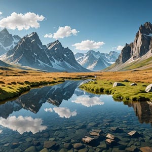 May include: A mountain lake with clear blue water reflecting the sky and clouds. The lake is surrounded by green grass and rocky mountains.
