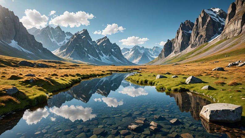 May include: A mountain lake with clear blue water reflecting the sky and clouds. The lake is surrounded by green grass and rocky mountains.