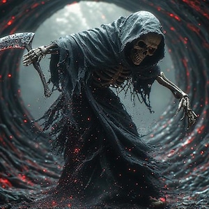 Puede incluir: Ilustraci&oacute;n digital de la Parca, una figura esquel&eacute;tica con una capa negra con capucha, sosteniendo una guada&ntilde;a. El fondo es un t&uacute;nel oscuro y arremolinado con acentos rojos brillantes, creando una atm&oacute;sfera dram&aacute;tica y ominosa.