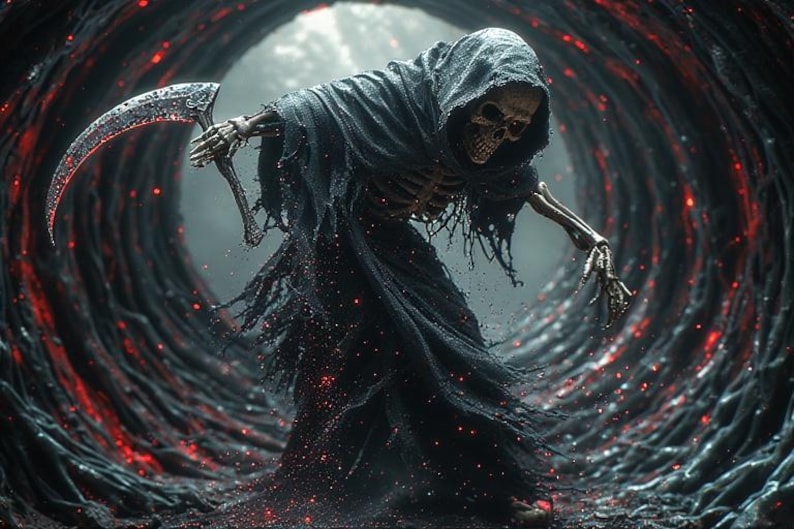 Puede incluir: Ilustraci&oacute;n digital de la Parca, una figura esquel&eacute;tica con una capa negra con capucha, sosteniendo una guada&ntilde;a. El fondo es un t&uacute;nel oscuro y arremolinado con acentos rojos brillantes, creando una atm&oacute;sfera dram&aacute;tica y ominosa.