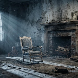 May include: A wooden rocking chair with a dark upholstered seat and backrest sits in the centre of a dilapidated room. The room features a brick fireplace, a window with heavy curtains, a rocking horse, and a teddy bear on the floor.