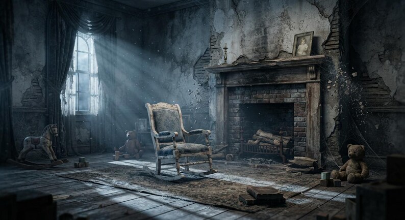 May include: A wooden rocking chair with a dark upholstered seat and backrest sits in the centre of a dilapidated room. The room features a brick fireplace, a window with heavy curtains, a rocking horse, and a teddy bear on the floor.