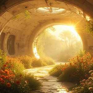 Op de afbeelding: Een zonnige, cirkelvormige tunnel met een stenen pad dat naar een heldere opening leidt. Oranje en witte bloemen omzomen het pad en groen siert de tunnelmuren. De sc&egrave;ne baadt in warm zonlicht en cre&euml;ert een serene, natuurlijke omgeving.