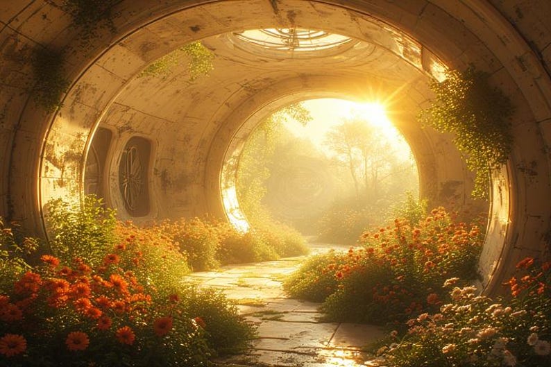 Op de afbeelding: Een zonnige, cirkelvormige tunnel met een stenen pad dat naar een heldere opening leidt. Oranje en witte bloemen omzomen het pad en groen siert de tunnelmuren. De sc&egrave;ne baadt in warm zonlicht en cre&euml;ert een serene, natuurlijke omgeving.