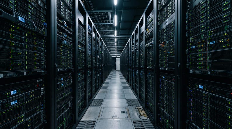 May include: A server room featuring two parallel rows of black server racks filled with stacked hardware units. Each unit displays small, glowing green and blue status indicator lights, creating a symmetrical corridor of technology equipment.